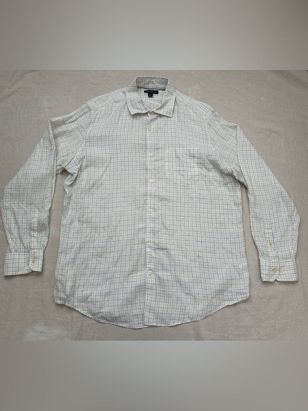 Banana Republic Mens XL 100% Linen Plaid Button Down Shirt Blue Yellow Classic